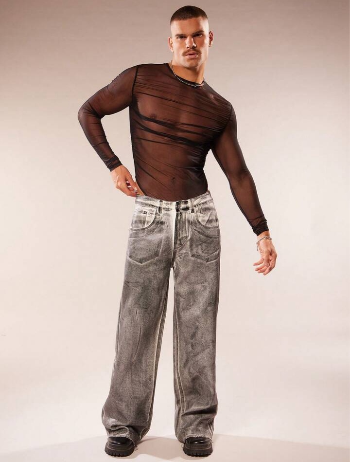 Men's Solid Color Mesh Round Neck Long Sleeve Jumpsuit See Through Top Men